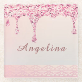 エレガント ピンク グラム グリッター ドリップ ガラスコースター