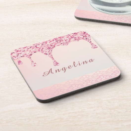 エレガント ピンク グラム グリッター ドリップ コースター (左側)