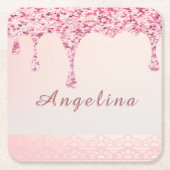 エレガント ピンク グラム グリッター ドリップ スクエアペーパーコースター (正面)