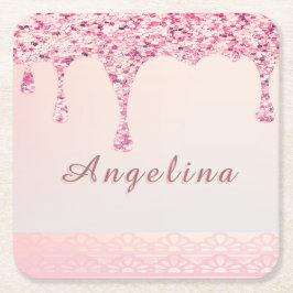 エレガント ピンク グラム グリッター ドリップ スクエアペーパーコースター
