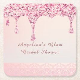 エレガント ピンク グラム グリッター ドリップ ブライダル シャワー スクエアペーパーコースター