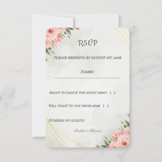エレガント ピンク フラワー ゴールド 幾何学 結婚式 RSVP カード (正面)