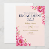 エレガント ピンク フラワー 婚約パーティー 招待状 (正面/裏面)