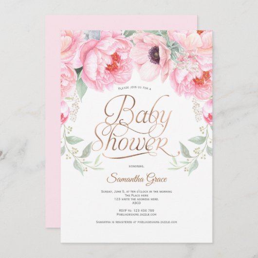 エレガント,ピンク,フローラ,女の子のシャワー 招待状 (正面/裏面)