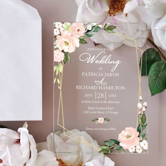 エレガント ピンク ブラッシュ フラワー ウェディング アクリル招待状