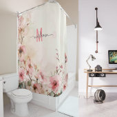 エレガント ピンク モノグラム モダン スクリプト ウェディング カスタム シャワーカーテン