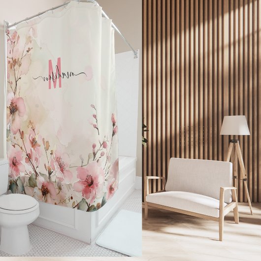 エレガント ピンク モノグラム モダン スクリプト ウェディング カスタム シャワーカーテン