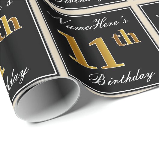 エレガント、フェイク金ゴールド11番目の誕生日+名前をカスタムする ラッピングペーパー (ロールコーナー)