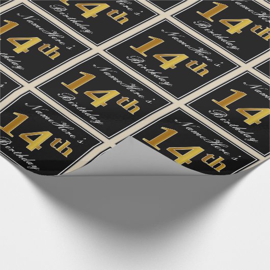 エレガント、フェイク金ゴールド14番目の誕生日+名前をカスタムする ラッピングペーパー (角)