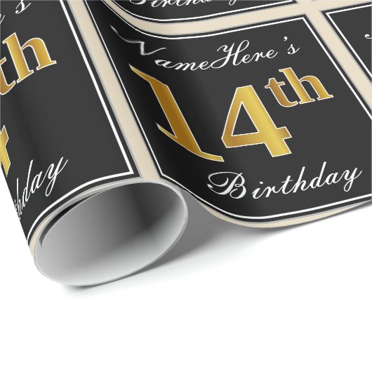 エレガント、フェイク金ゴールド14番目の誕生日+名前をカスタムする ラッピングペーパー (ロールコーナー)
