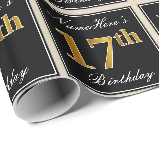 エレガント、フェイク金ゴールド17番目の誕生日+名前をカスタムする ラッピングペーパー (ロールコーナー)