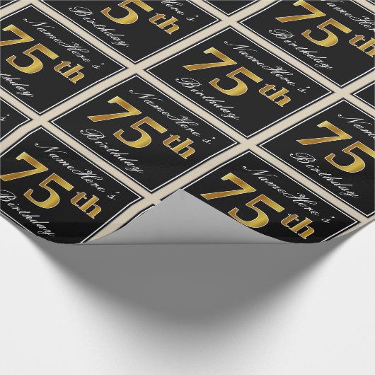 エレガント、フェイク金ゴールド75番目の誕生日+名前をカスタムする ラッピングペーパー (角)