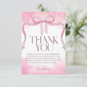 エレガント フェミニン ピンク ボウ 偽 ゴールド グリッター ブライダル サンキューカード (スタンド正面)