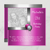 エレガント フォト シルバー ピンク バルーン 21歳の誕生日 招待状 (正面/裏面)