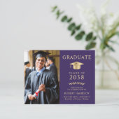 エレガント フォト パープル ゴールド 大学卒業 案内ポストカード (スタンド正面)