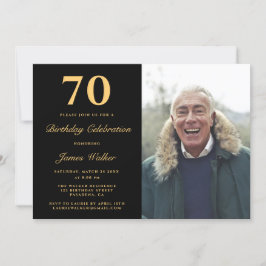 エレガント フォト ブラック ゴールド 70歳 誕生日パーティー 招待状