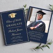 エレガント フォト ブルー ゴールド 卒業パーティー 招待状