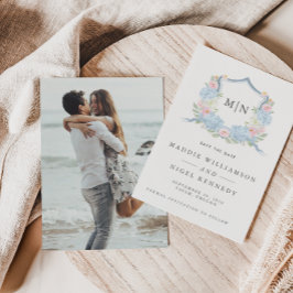 エレガント フォト ブルー モノグラム Save the Date セーブザデート