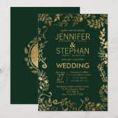 エレガント フォレストグリーン ゴールド フラワー ウェディング 招待状 (正面/裏面)
