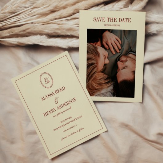 エレガント フォーマル アイボリー モノグラム カップル フォト ウェディング セーブザデート