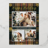 エレガント フォーマル チェック柄 ファミリー フォト ハッピー ホリデー 箔招待状 (正面)