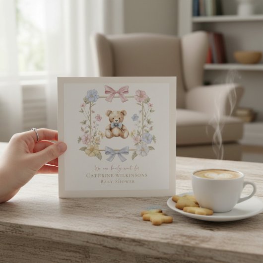 エレガント フラワーテディ パステル ベビーシャワー QRコード 招待状