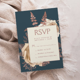 エレガント フラワー アイボリー ローズゴールド ティール ブルー 結婚式 RSVP エンクロージャーカード