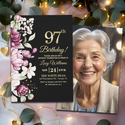 エレガント フラワー ゴールド 97 誕生日 写真 招待状