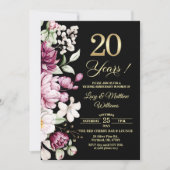 エレガント フローラル ゴールド 結婚20周年記念フォト 招待状 (正面)