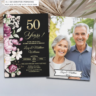 エレガント フローラル ゴールド 50周年 結婚記念日 写真入り 招待状