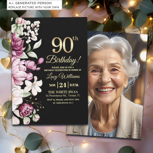エレガント フローラル ゴールド 90 誕生日 写真 招待状
