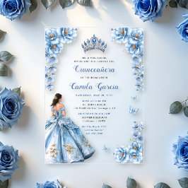 エレガント フローラル ダスティブルー プリンセス クィンセañera アクリル招待状