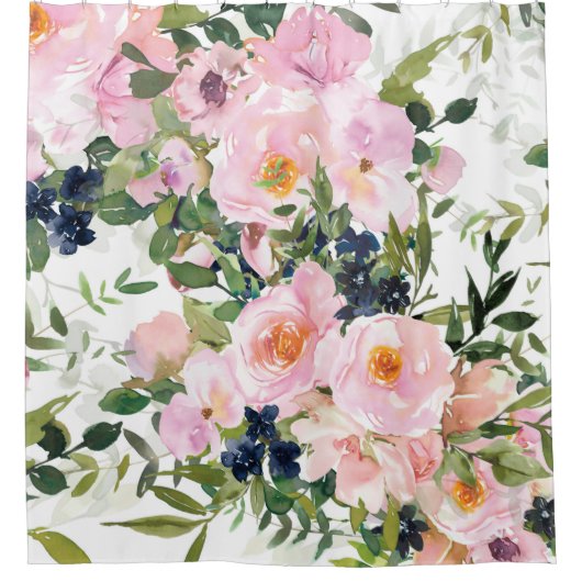 エレガント、フローラ、ヴィンテージ、ピンクと白 シャワーカーテン (正面)