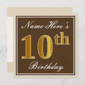 エレガント、ブラウン、フェイク金ゴールド10番目の誕生日+名前 招待状 (正面/裏面)