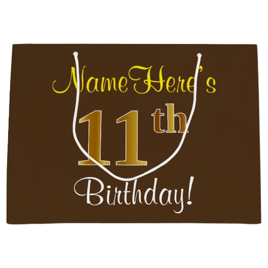エレガント、ブラウン、フェイク金ゴールド11番目の誕生日+名前 ラージペーパーバッグ (正面)