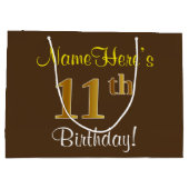 エレガント、ブラウン、フェイク金ゴールド11番目の誕生日+名前 ラージペーパーバッグ (裏面)