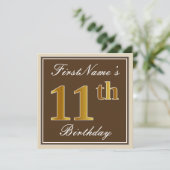 エレガント、ブラウン、フェイク金ゴールド11番目の誕生日+名前 招待状 (スタンド正面)