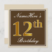 エレガント、ブラウン、フェイク金ゴールド12番目の誕生日+名前 招待状 (正面/裏面)