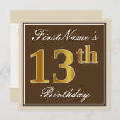 エレガント、ブラウン、フェイク金ゴールド13番目の誕生日+名前 招待状 (正面/裏面)