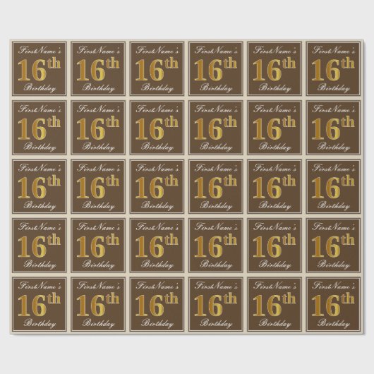 エレガント、ブラウン、フェイク金ゴールド16番目の誕生日+名前 ラッピングペーパー (フラット)
