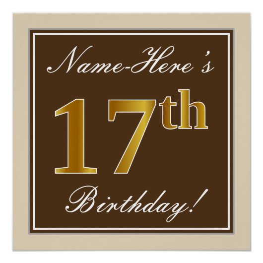 エレガント、ブラウン、フェイク金ゴールド17番目の誕生日+名前 ポスター (正面)