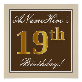 エレガント、ブラウン、フェイク金ゴールド19番目の誕生日+名前 ポスター