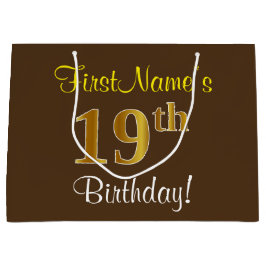 エレガント、ブラウン、フェイク金ゴールド19番目の誕生日+名前 ラージペーパーバッグ