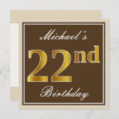 エレガント、ブラウン、フェイク金ゴールド22番目の誕生日+名前 招待状 (正面/裏面)