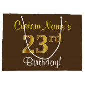 エレガント、ブラウン、フェイク金ゴールド23番目の誕生日+名前 ラージペーパーバッグ (裏面)