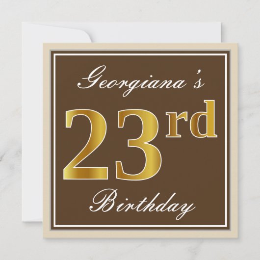 エレガント、ブラウン、フェイク金ゴールド23番目の誕生日+名前 招待状 (正面)