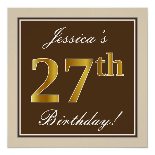 エレガント、ブラウン、フェイク金ゴールド27番目の誕生日+名前 ポスター (正面)