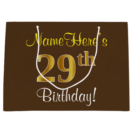 エレガント、ブラウン、フェイク金ゴールド29番目の誕生日+名前 ラージペーパーバッグ (正面)