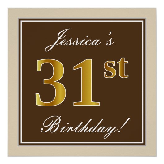エレガント、ブラウン、フェイク金ゴールド31番目の誕生日+名前 ポスター (正面)
