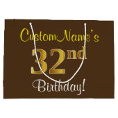 エレガント、ブラウン、フェイク金ゴールド32番目の誕生日+名前 ラージペーパーバッグ (裏面)